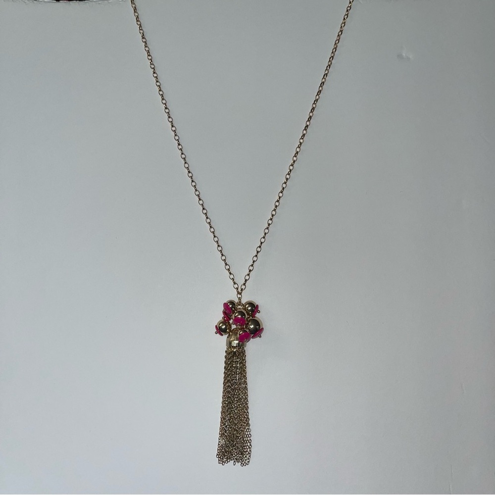 Crown & Ivy Preppy Picnic Pink and Gold Tassel Statement Necklace New with Tags